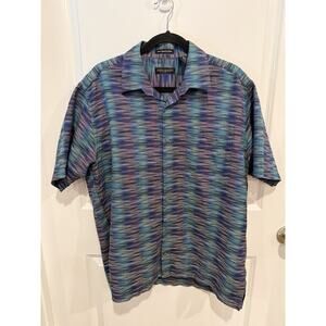 Jhane Barnes Unique wavy stripe short sleeve shirt Sz Large Purple/ Blue / Teal